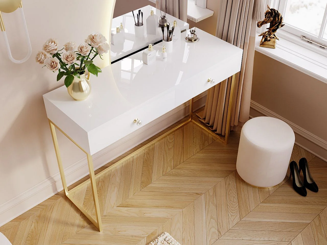 Schminktisch mit 2 Schubladen - 104/78/50 cm -  Weiß Hochglanz mit goldfarbenen Metallbeinen