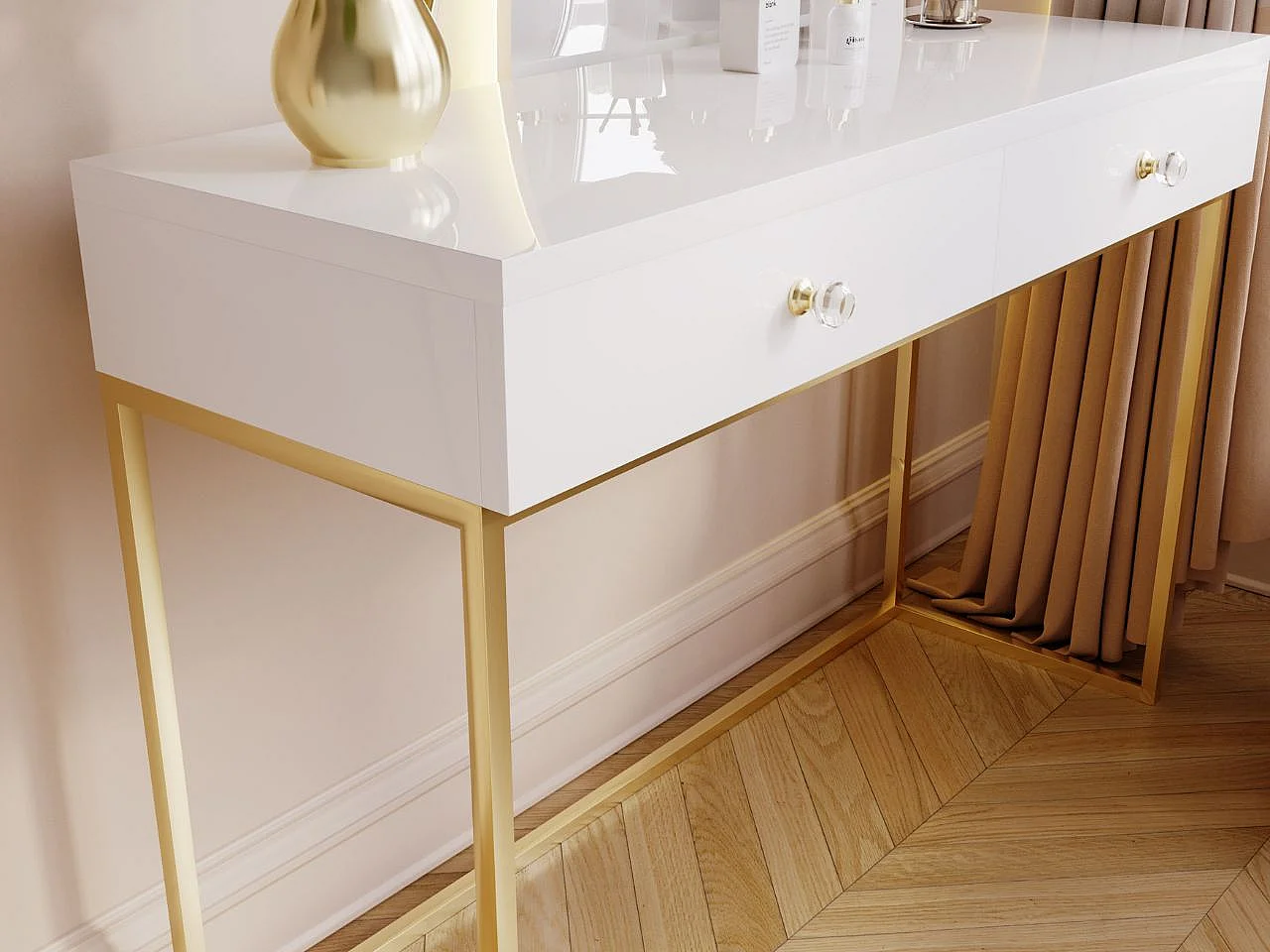 Schminktisch mit 2 Schubladen - 104/78/50 cm -  Weiß Hochglanz mit goldfarbenen Metallbeinen