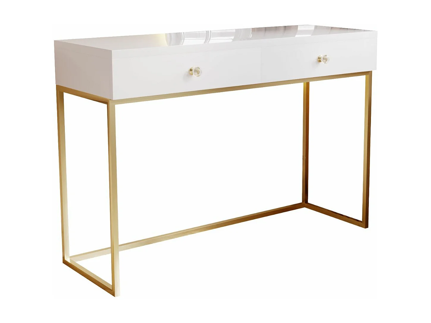 Schminktisch mit 2 Schubladen - 104/78/50 cm -  Weiß Hochglanz mit goldfarbenen Metallbeinen
