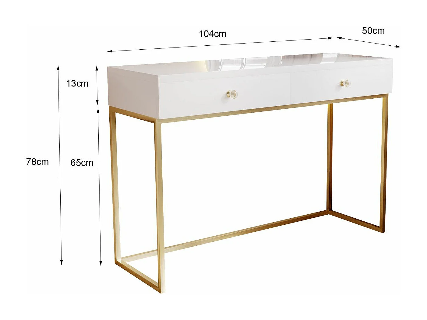 Schminktisch mit 2 Schubladen - 104/78/50 cm -  Weiß Hochglanz mit goldfarbenen Metallbeinen