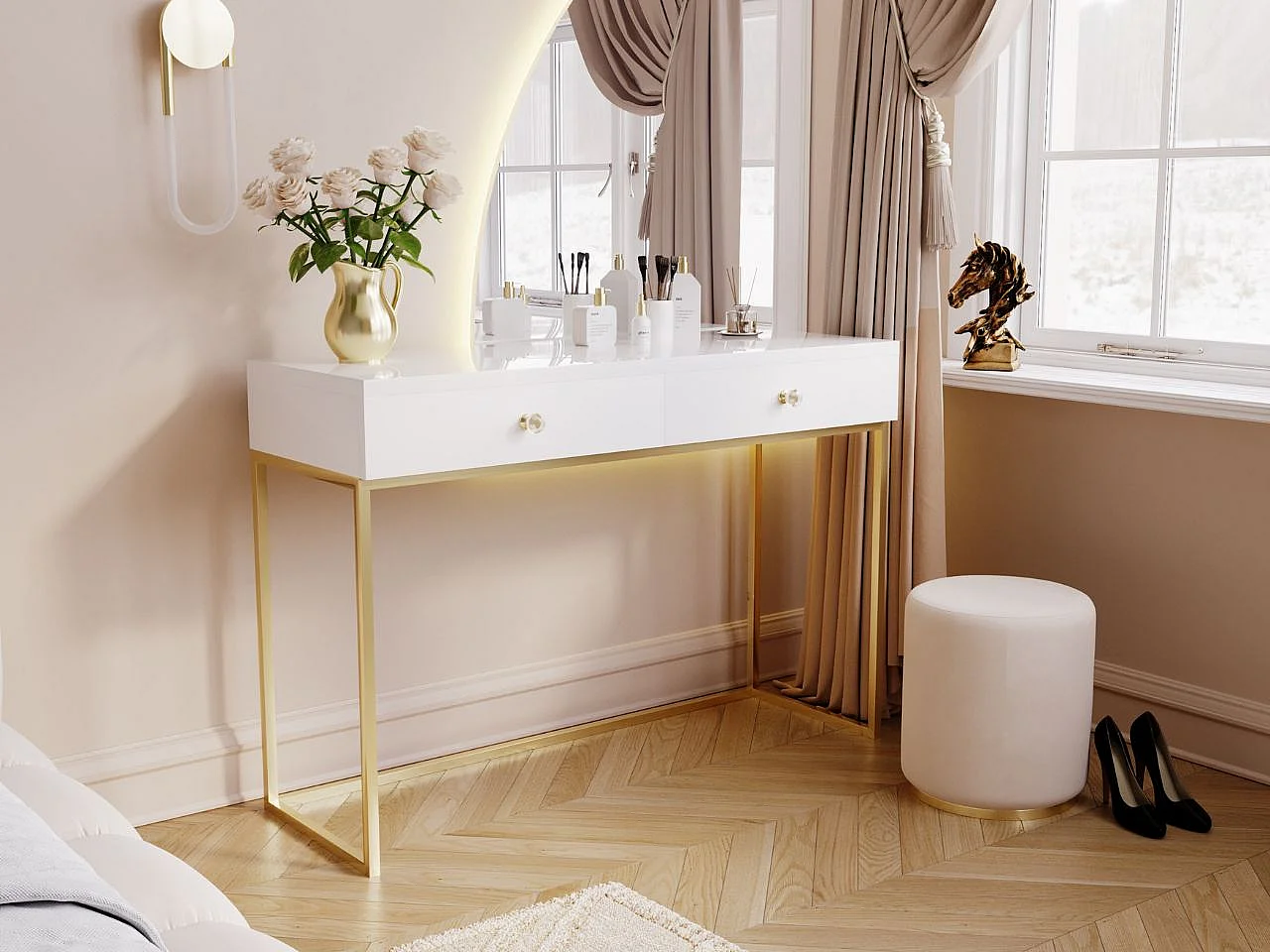 Schminktisch mit 2 Schubladen - 104/78/50 cm -  Weiß Hochglanz mit goldfarbenen Metallbeinen