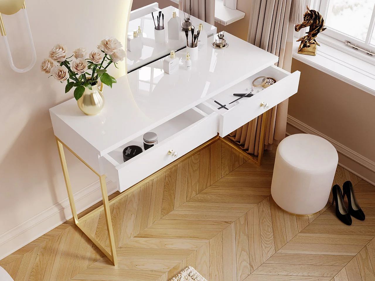 Schminktisch mit 2 Schubladen - 104/78/50 cm -  Weiß Hochglanz mit goldfarbenen Metallbeinen