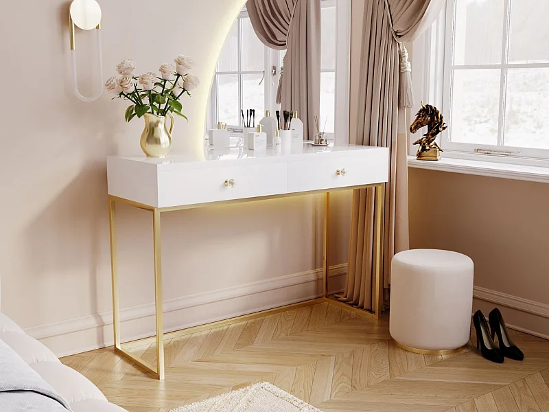 Schminktisch mit 2 Schubladen - 104/78/50 cm -  Weiß Hochglanz mit goldfarbenen Metallbeinen