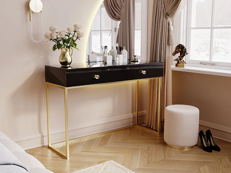 Schminktisch mit 2 Schubladen - 104/78/50 cm -  Schwarz Hochglanz mit goldfarbenen Metallbeinen