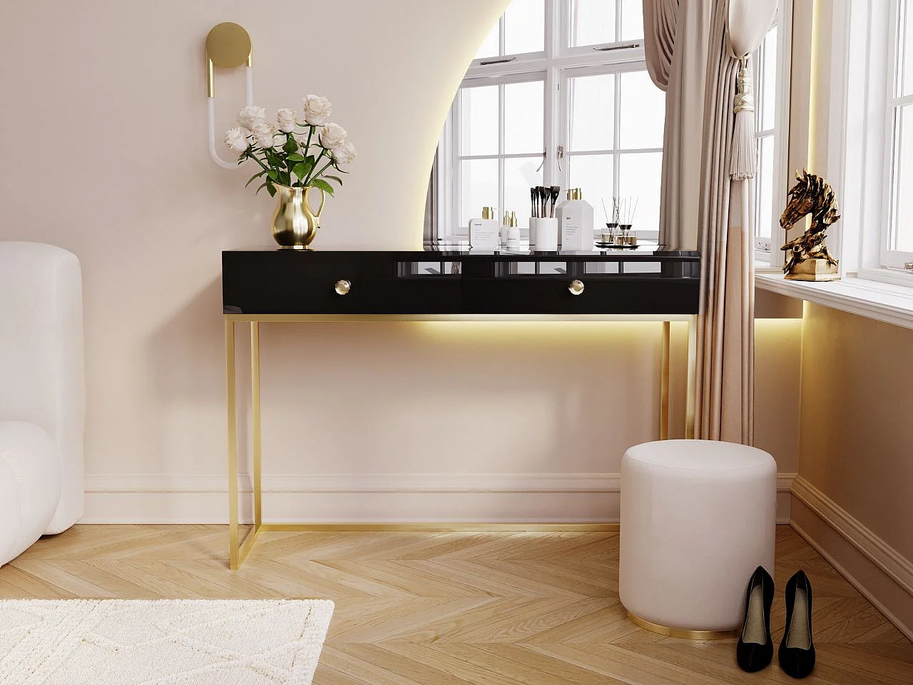 Schminktisch mit 2 Schubladen - 104/78/50 cm -  Schwarz Hochglanz mit goldfarbenen Metallbeinen