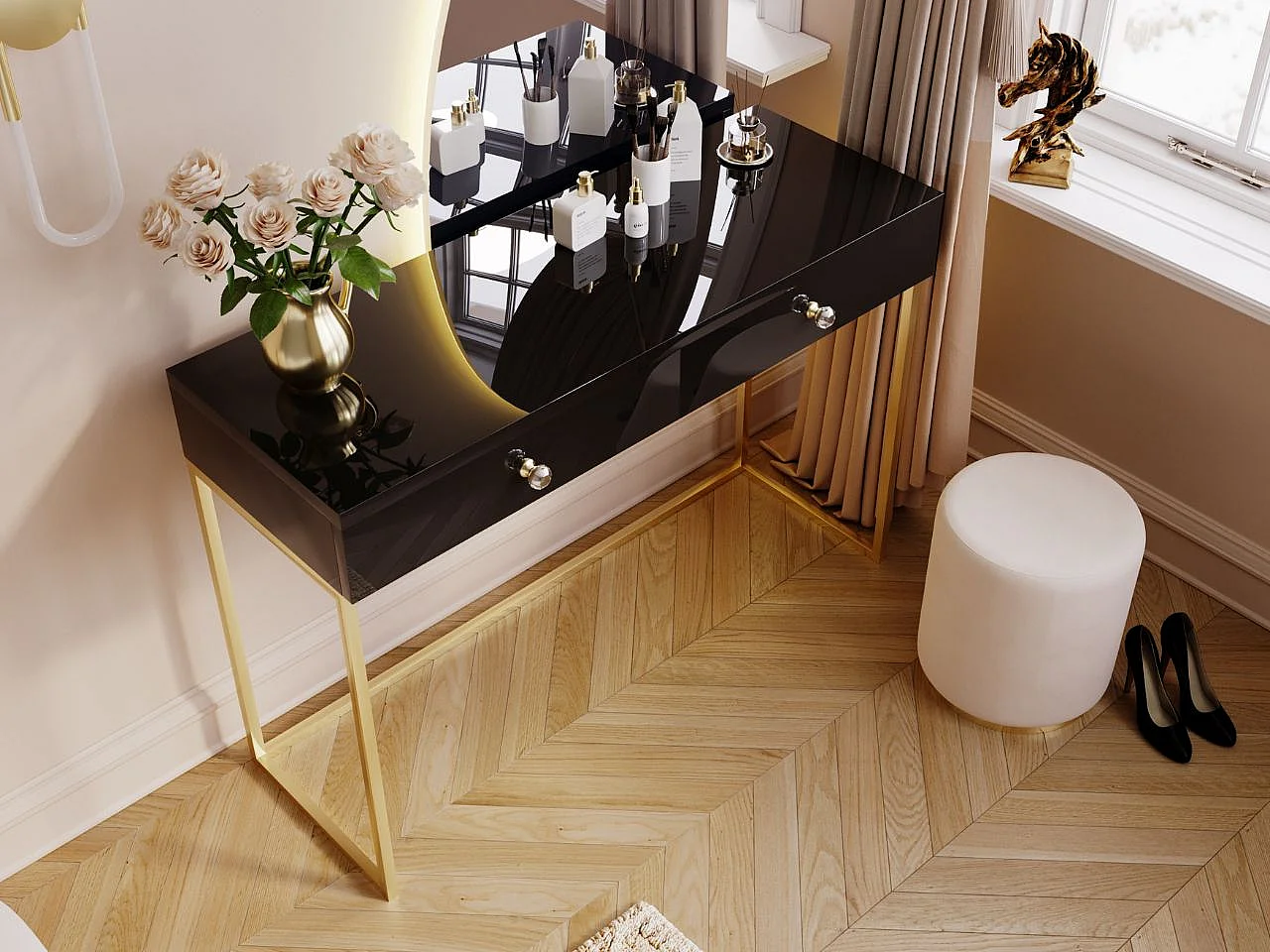 Schminktisch mit 2 Schubladen - 104/78/50 cm -  Schwarz Hochglanz mit goldfarbenen Metallbeinen