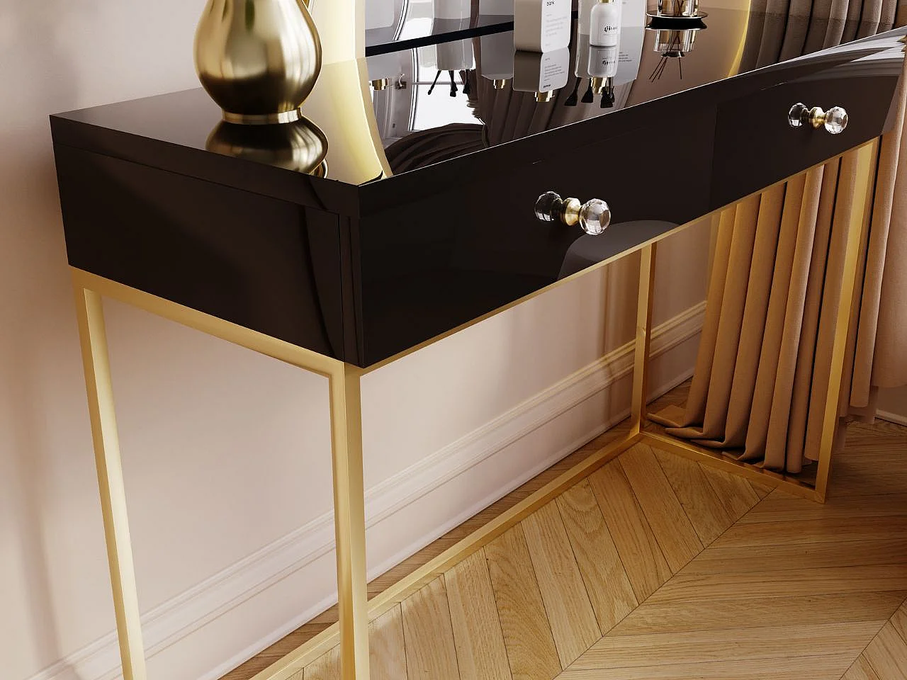 Schminktisch mit 2 Schubladen - 104/78/50 cm -  Schwarz Hochglanz mit goldfarbenen Metallbeinen