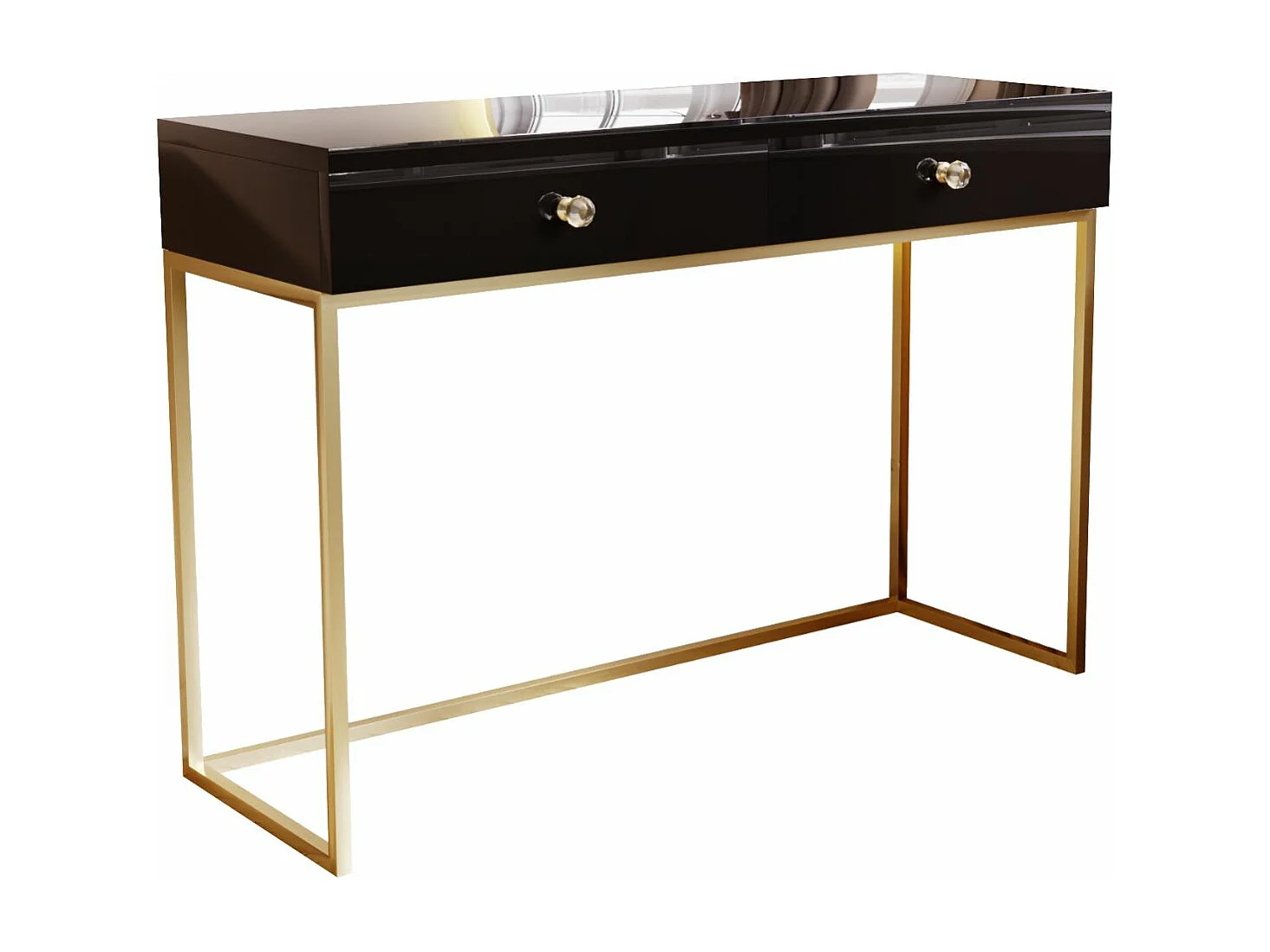 Schminktisch mit 2 Schubladen - 104/78/50 cm -  Schwarz Hochglanz mit goldfarbenen Metallbeinen