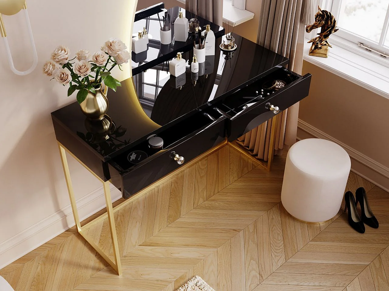 Schminktisch mit 2 Schubladen - 104/78/50 cm -  Schwarz Hochglanz mit goldfarbenen Metallbeinen