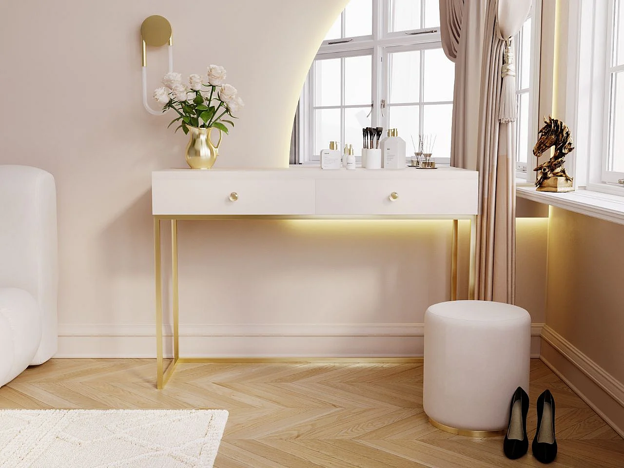 Schminktisch mit 2 Schubladen - 104/78/50 cm -  Cremefarben mit goldfarbenen Metallbeinen