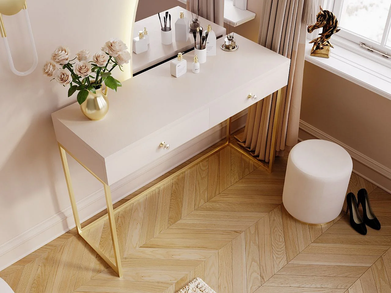 Schminktisch mit 2 Schubladen - 104/78/50 cm -  Cremefarben mit goldfarbenen Metallbeinen