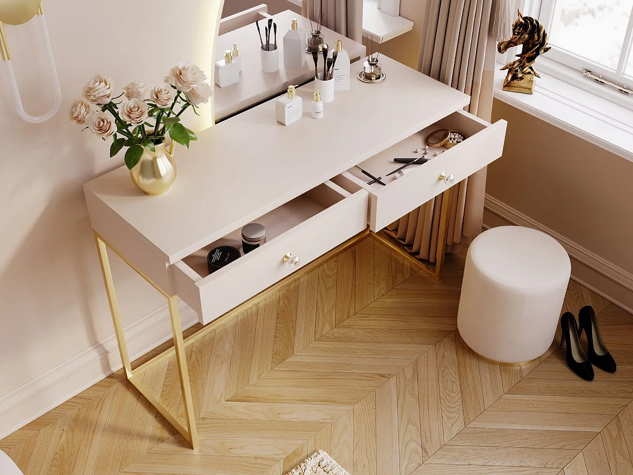 Schminktisch mit 2 Schubladen - 104/78/50 cm -  Cremefarben mit goldfarbenen Metallbeinen