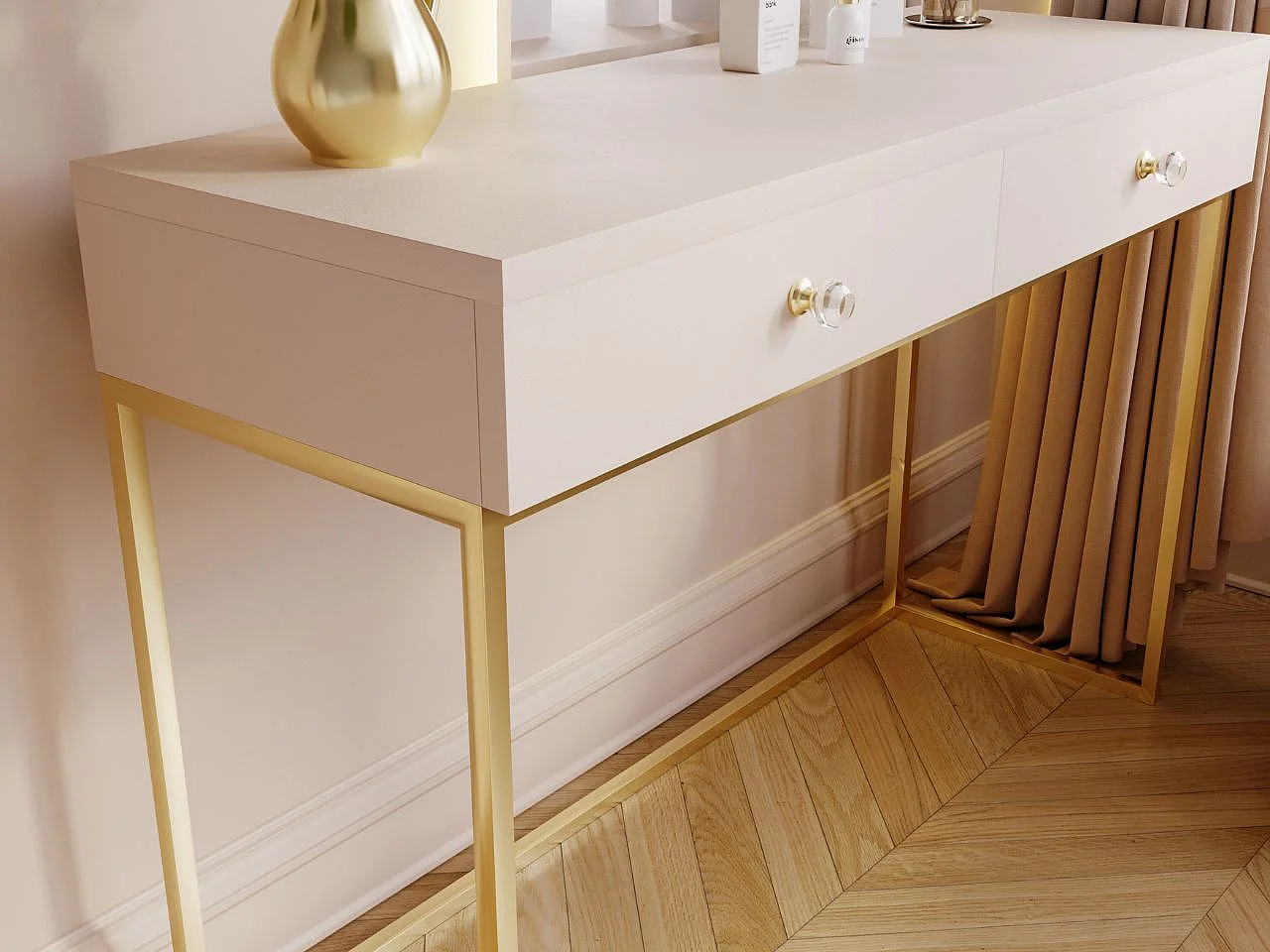 Schminktisch mit 2 Schubladen - 104/78/50 cm -  Cremefarben mit goldfarbenen Metallbeinen