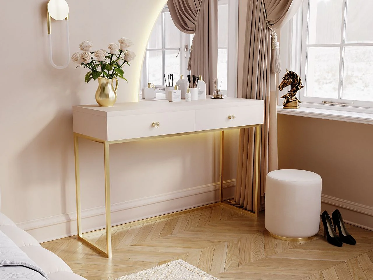 Schminktisch mit 2 Schubladen - 104/78/50 cm -  Cremefarben mit goldfarbenen Metallbeinen