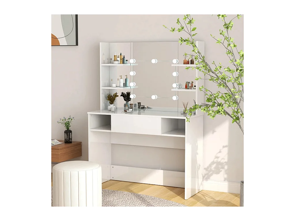 Tocador de maquillaje luces LED MDF blanco brillo 100x40x135 cm