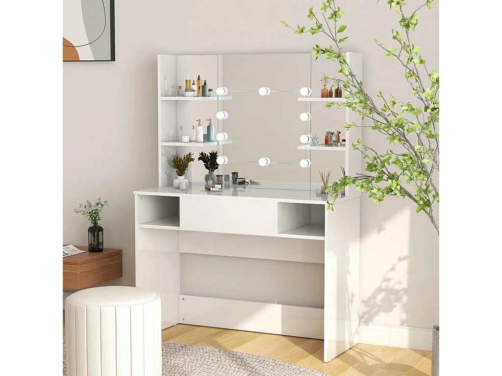 Tocador de maquillaje luces LED MDF blanco brillo 100x40x135 cm