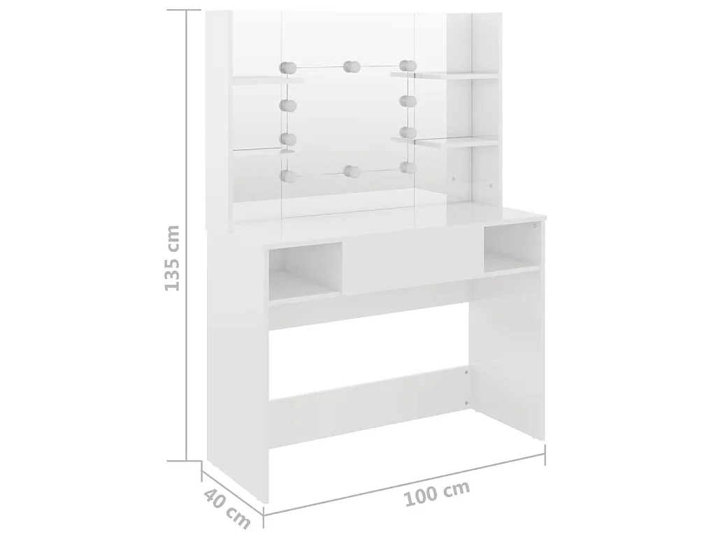 Tocador de maquillaje luces LED MDF blanco brillo 100x40x135 cm