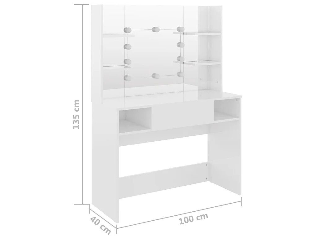 Tocador de maquillaje luces LED MDF blanco brillo 100x40x135 cm