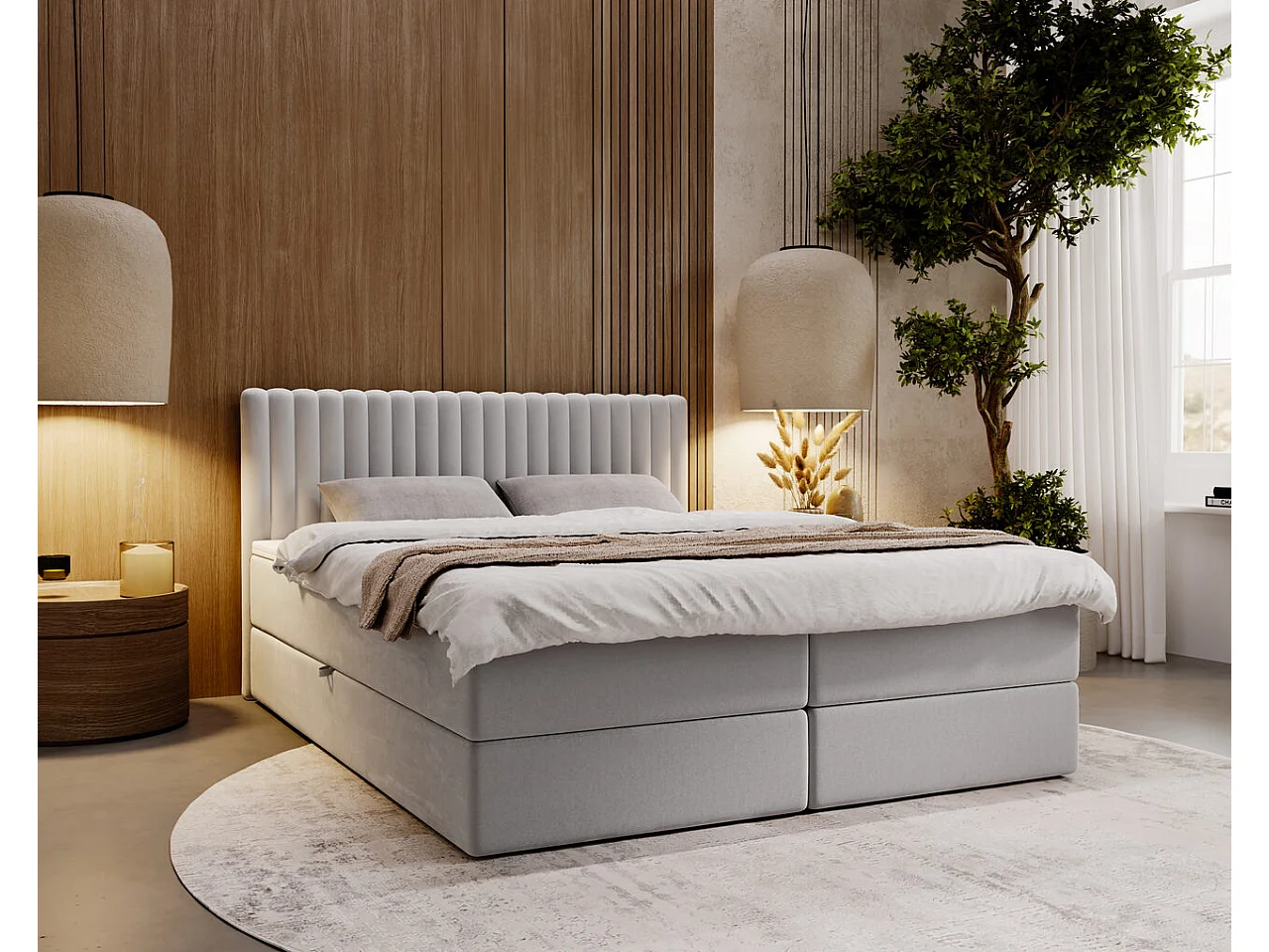 Boxspringbett mit Kopfteil - 160 x 200 - Samtstoff  - Hellgrau - Matratze  - Topper  - MARBELLA