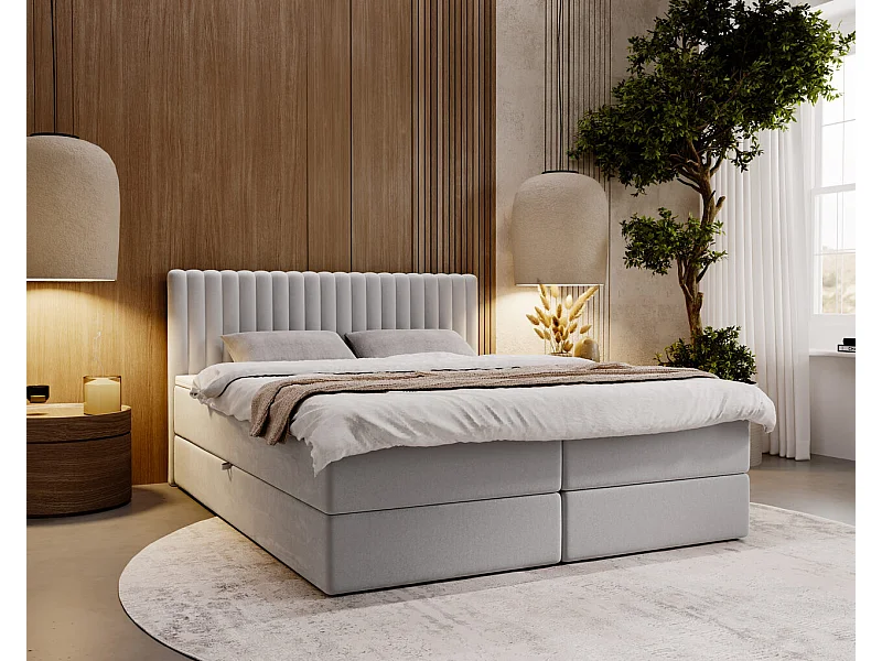 Boxspringbett mit Kopfteil - 160 x 200 - Samtstoff  - Hellgrau - Matratze  - Topper  - MARBELLA