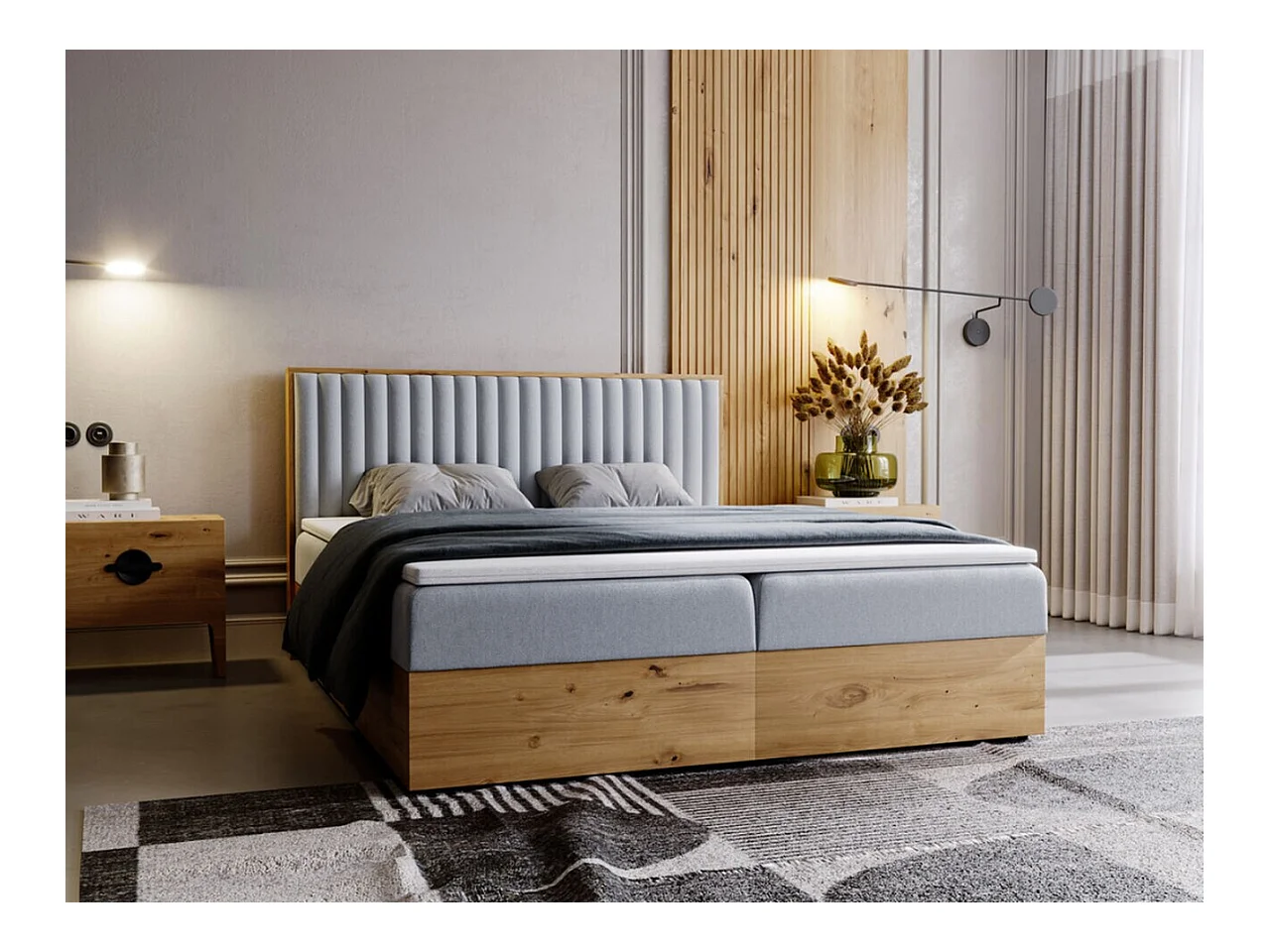 Lit continental Forest avec rangement - 180 x 200 - double - en bois avec tête de lit capitonnée - gris clair