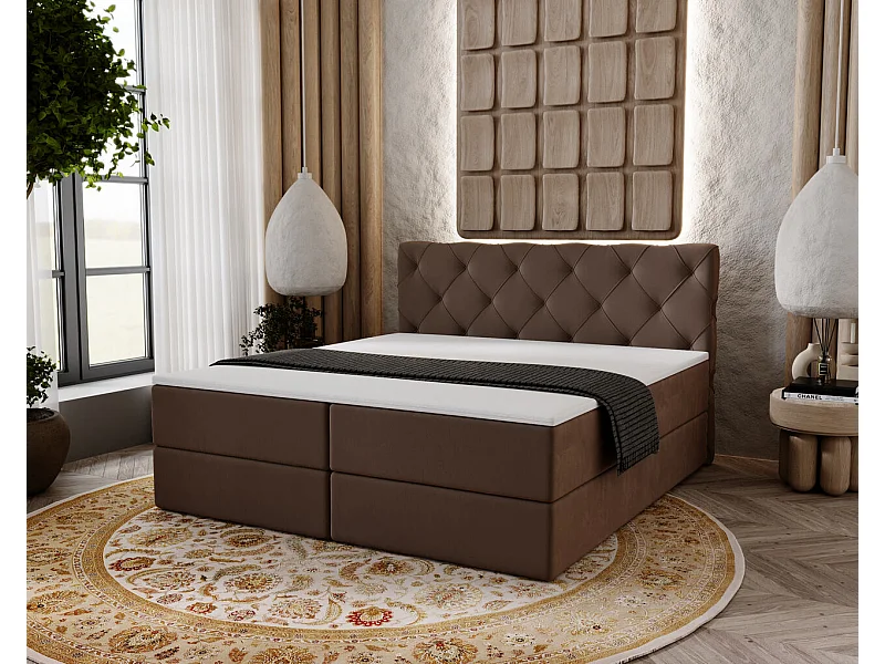 Boxspringbett mit Kopfteil - 200 x 200 - Samtstoff  - Braun - Matratze  - Topper  - NAPOLI