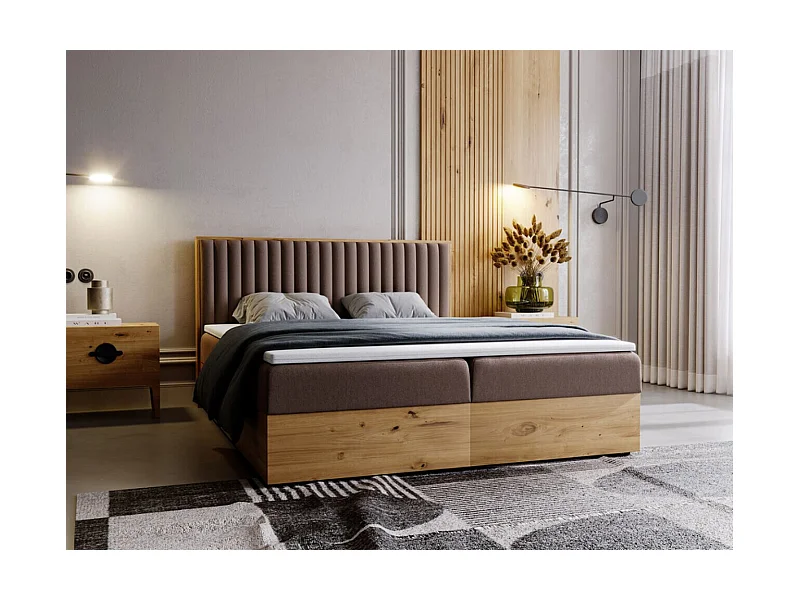 Boxspringbett mit Kopfteil - 140 x 200 - Samtstoff  - Braun - Matratze  - Topper  - FOREST