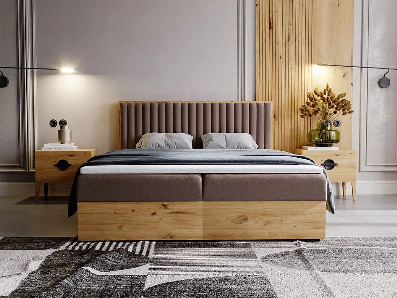 Boxspringbett mit Kopfteil - 140 x 200 - Samtstoff  - Braun - Matratze  - Topper  - FOREST