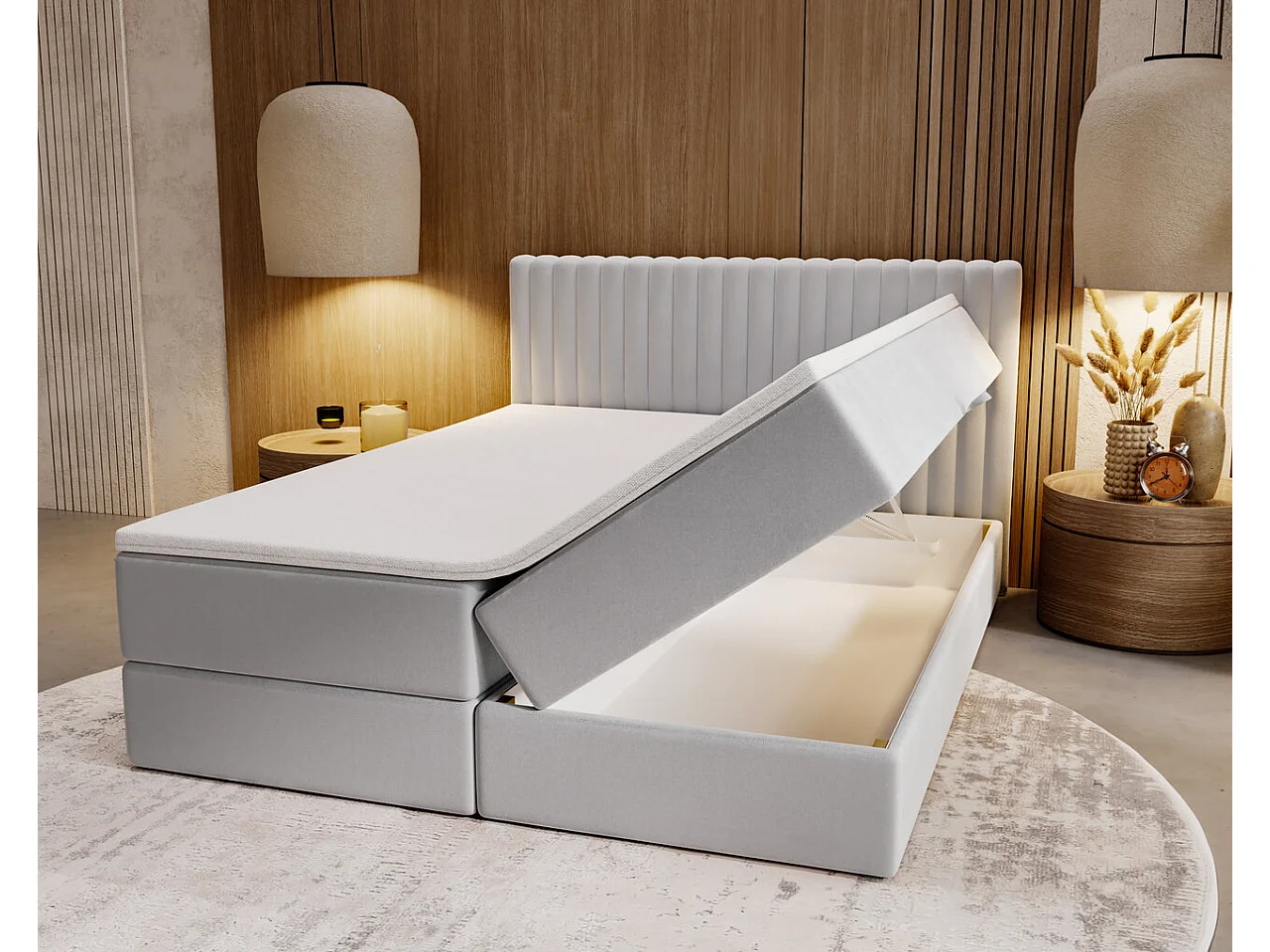 Boxspringbett mit Kopfteil - 180 x 200 - Samtstoff  - Hellgrau - Matratze  - Topper  - MARBELLA