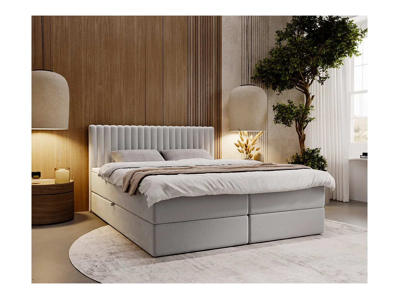 Lit continental Marbella avec rangement - 180 x 200 - double - velours - gris clair