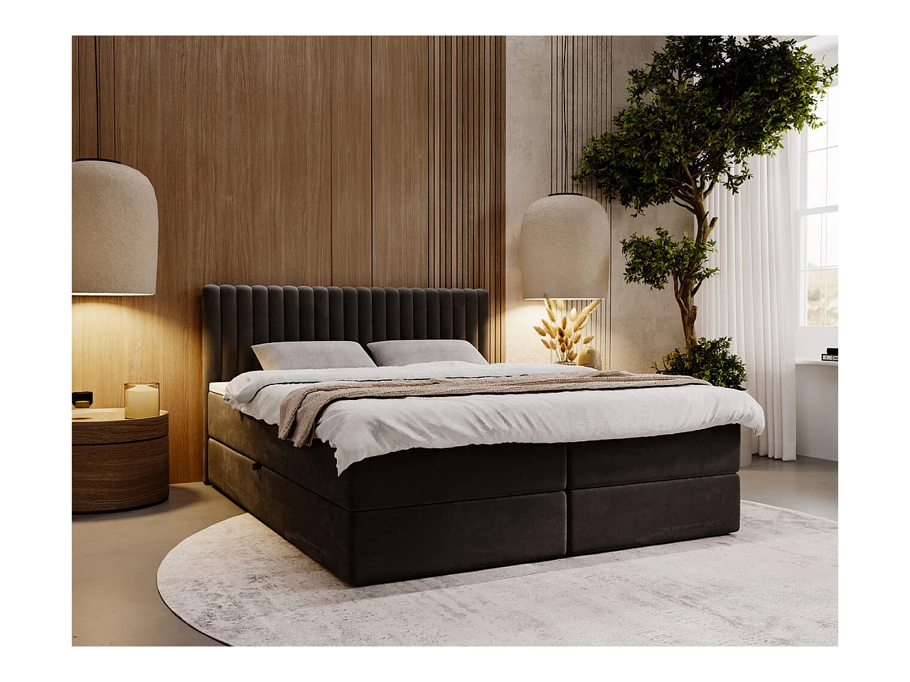 Lit continental Marbella avec rangement - 180 x 200 - double - velours - noir