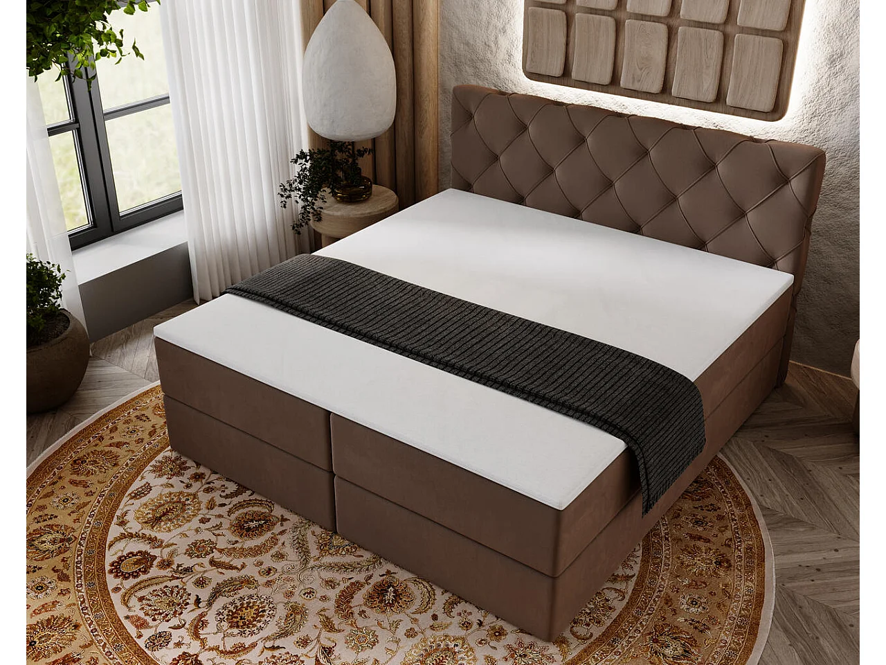 Boxspringbett mit Kopfteil - 160 x 200 - Samtstoff  - Braun - Matratze  - Topper  - NAPOLI