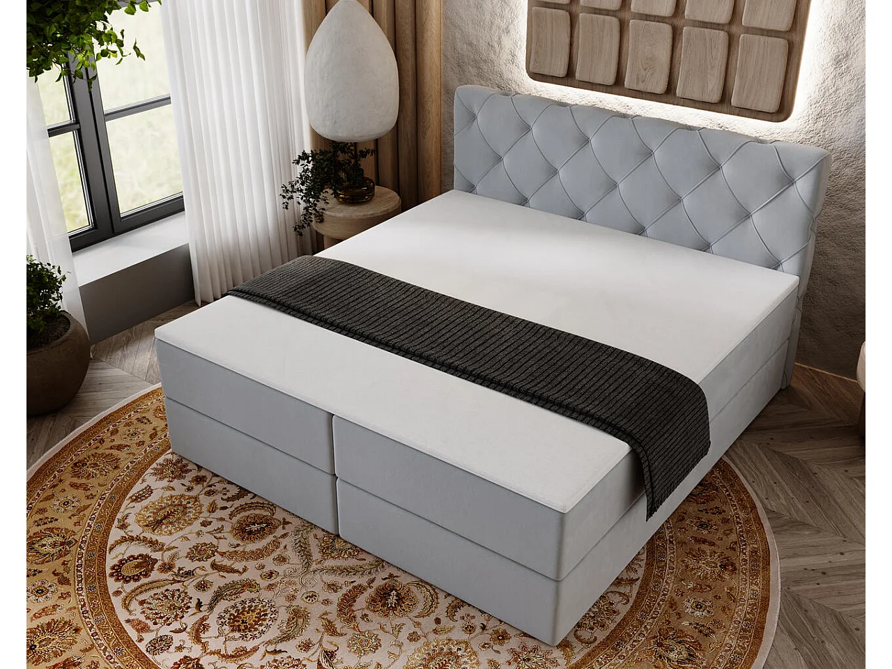 Boxspringbett mit Kopfteil - 140 x 200 - Samtstoff  - Hellgrau - Matratze  - Topper  - NAPOLI