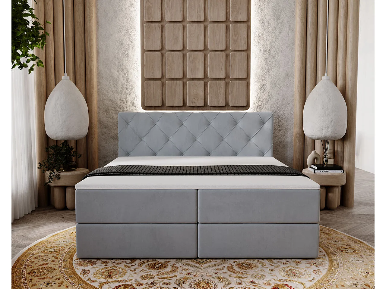 Boxspringbett mit Kopfteil - 140 x 200 - Samtstoff  - Hellgrau - Matratze  - Topper  - NAPOLI