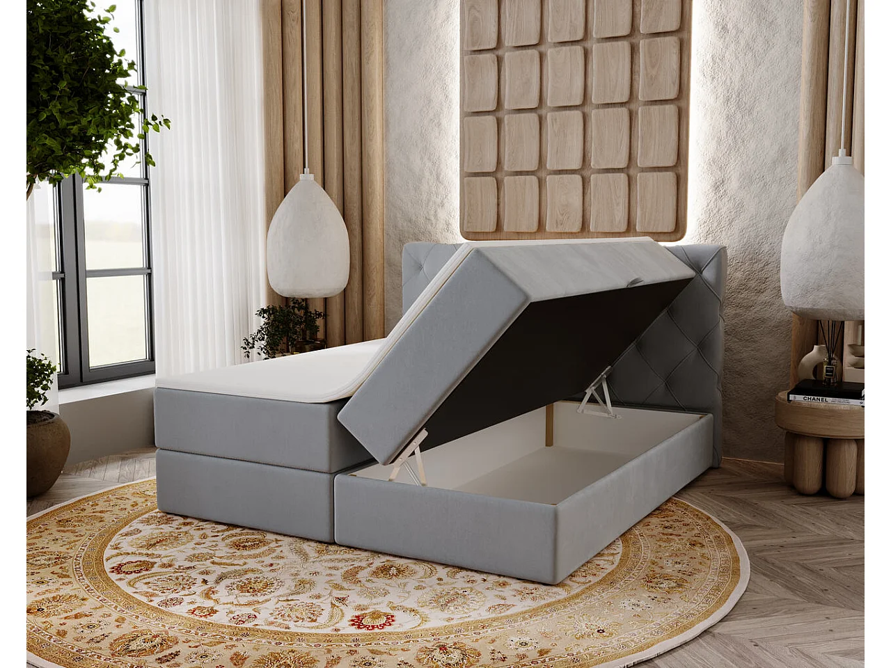 Boxspringbett mit Kopfteil - 140 x 200 - Samtstoff  - Hellgrau - Matratze  - Topper  - NAPOLI