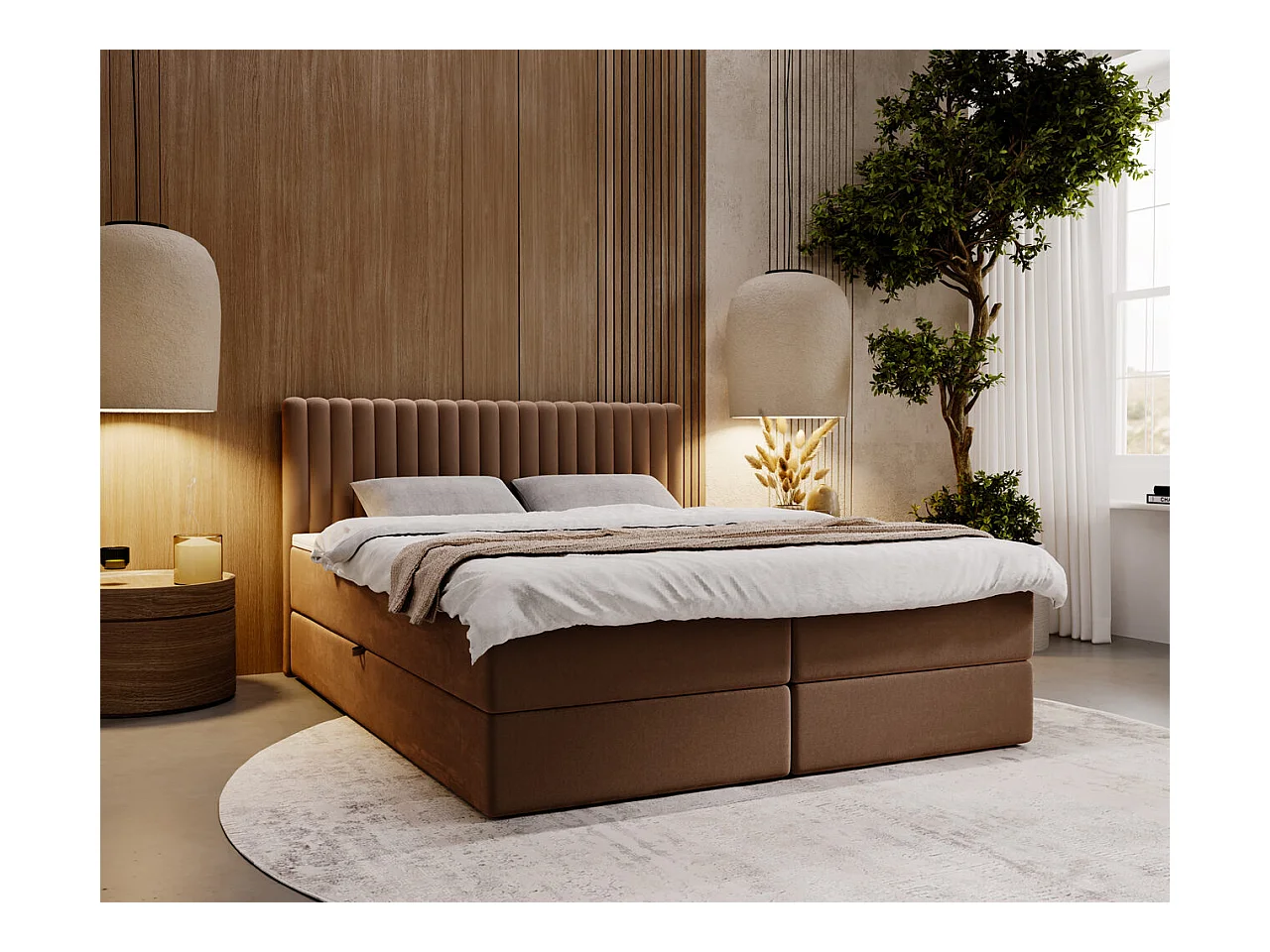 Lit continental Marbella avec rangement - 180 x 200 - double - velours - marron