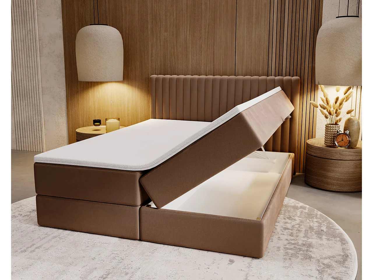 Lit continental Marbella avec rangement - 180 x 200 - double - velours - marron