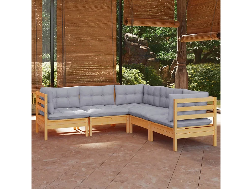 5-tlg. Garten-Lounge-Set mit Grauen Kissen Kiefer Massivholz