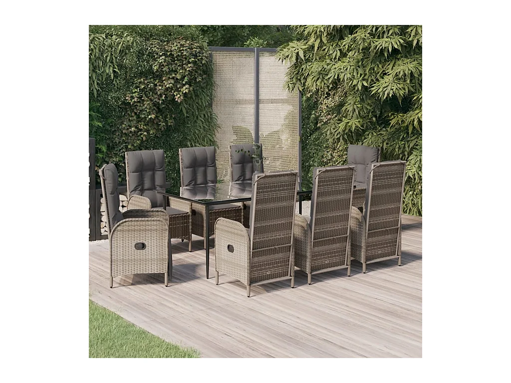 9-tlg. Garten-Essgruppe mit Kissen Schwarz und Grau Poly Rattan