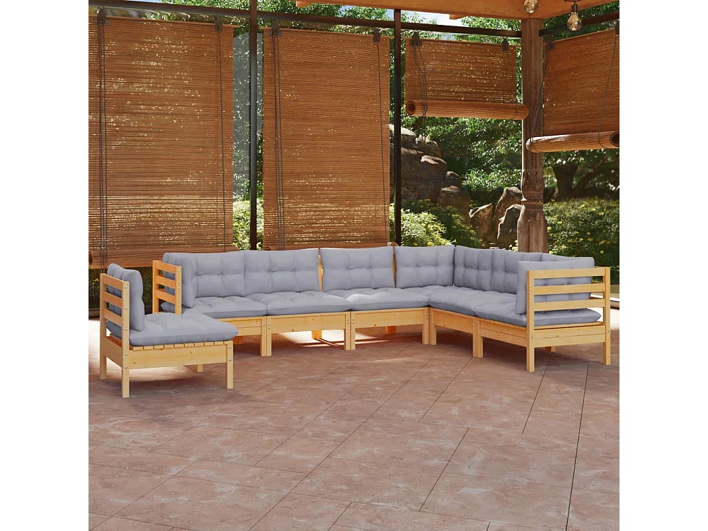 Salon de jardin 7 pcs avec coussins gris bois de pin massif