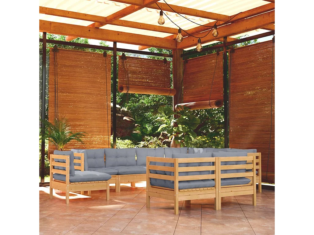 Set Divani da Giardino 9 pz con Cuscini Grigi Massello di Pino