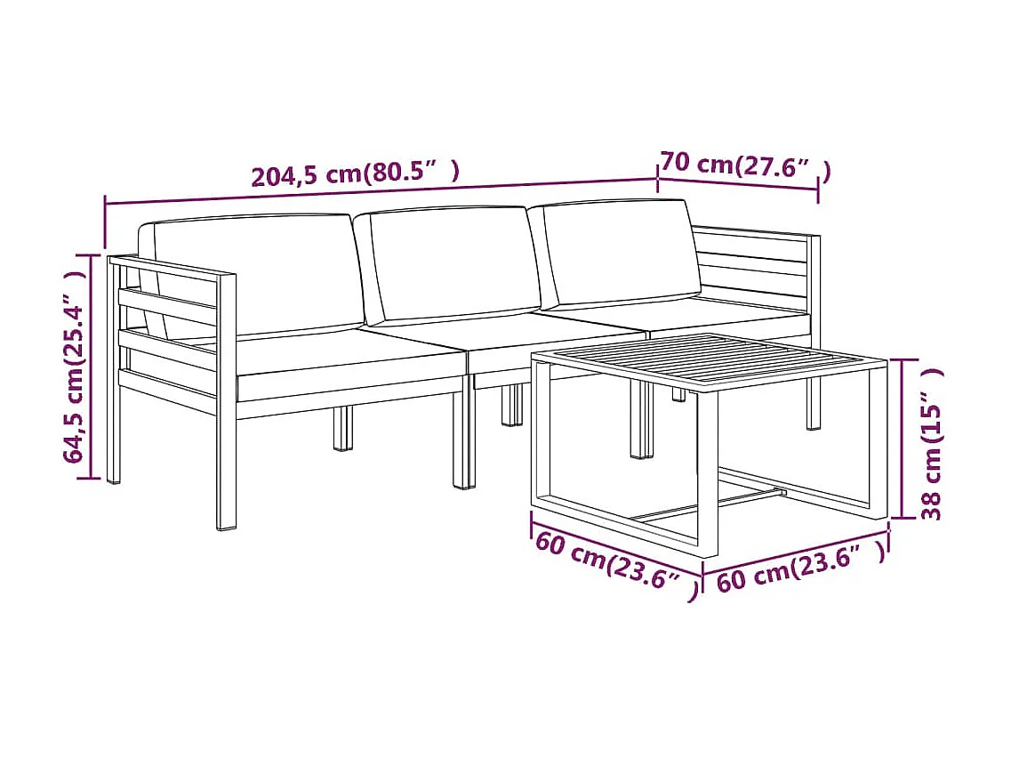 4 pcs conjunto lounge jardim com almofadões alumínio antracite