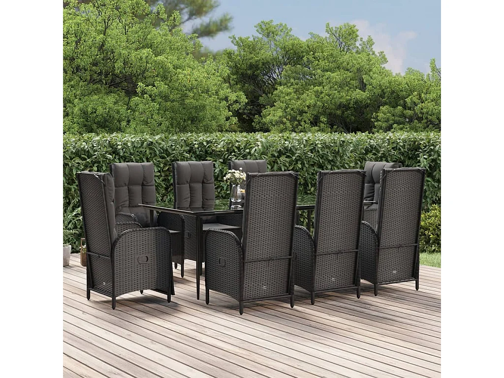 9-tlg. Garten-Essgruppe mit Kissen Schwarz Poly Rattan