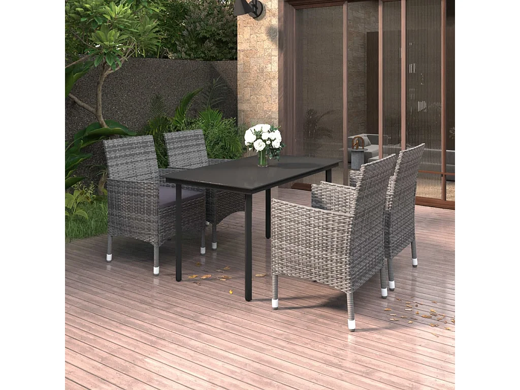 Mobilier à dîner de jardin coussins 5 pcs Résine tressée Verre