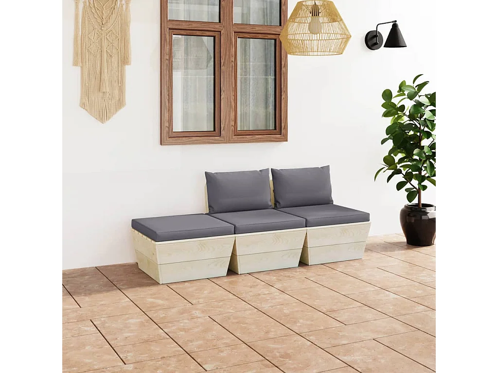 3-tlg. Garten-Sofagarnitur aus Paletten mit Kissen Fichtenholz