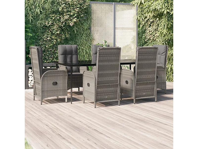 7-tlg. Garten-Essgruppe mit Kissen Schwarz und Grau Poly Rattan