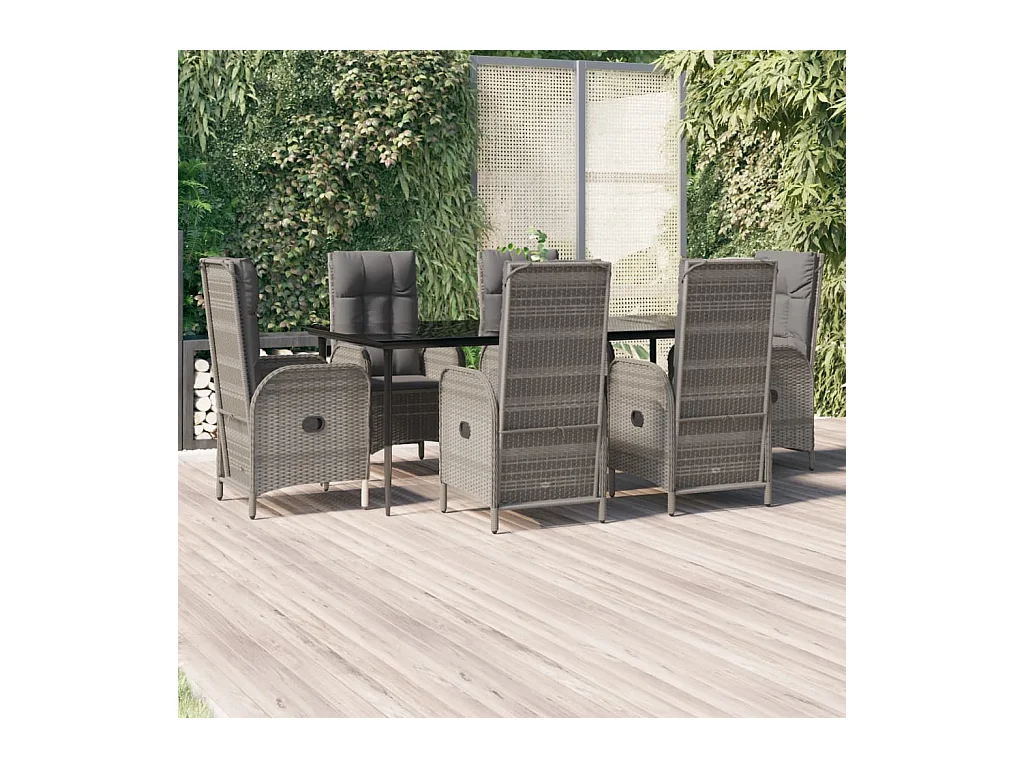 Set da Pranzo Giardino 7pz Nero e Grigio con Cuscini Polyrattan
