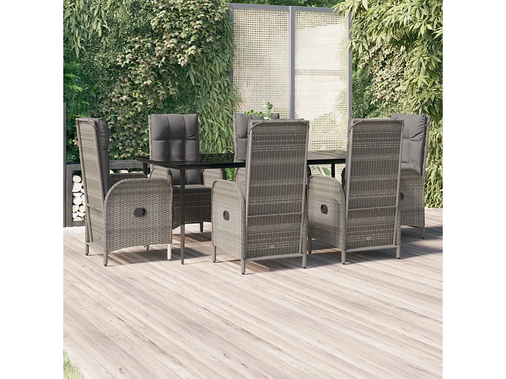 Ensemble à manger jardin et coussins 7 pcs Noir et gris Rotin