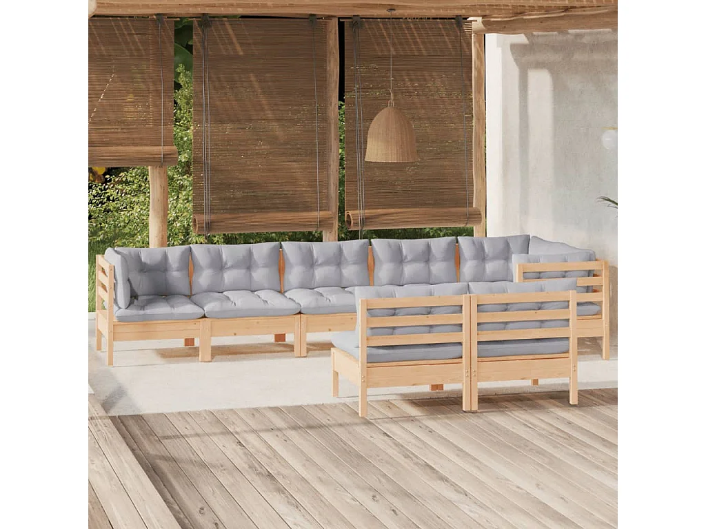 8-tlg. Garten-Lounge-Set mit Grauen Kissen Kiefer Massivholz