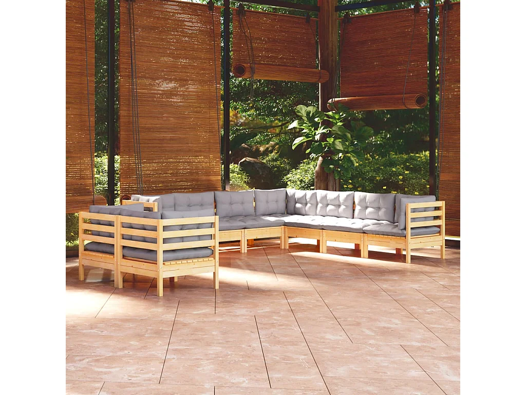 9-delige Loungeset met grijze kussens massief grenenhout